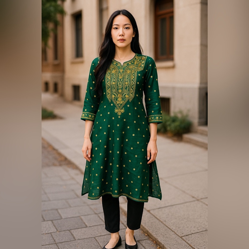 Tradition 100% Pure Silk.Dress Green With Embroidery